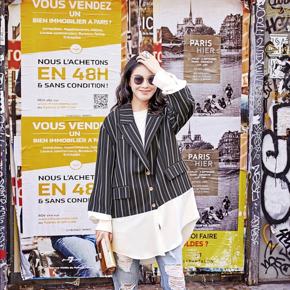Striped Split-joint Mid-Length Oversized Blazer